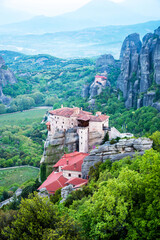 Fototapeta na wymiar Eastern Orthodox Monastery of Varlaam in holy complex in the famous valley of the Meteora rocks in Greece. Great amazing world. Attractions.