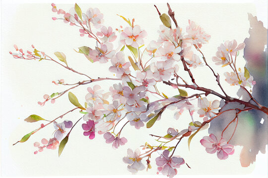 Blooming branch of pink cherry flowers, sakura in a watercolor style on a white watercolor paper background close-up, spring beauty and flowering concept. Generative AI
