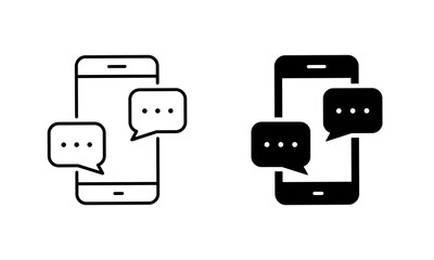 Text Message on Mobile Phone Silhouette and Line Icon Set. Smart Phone Mail Online Chat Speech Bubble Pictogram. Smartphone Screen SMS Notification Sign. Editable Stroke. Isolated Vector Illustration