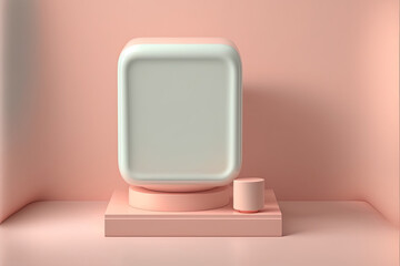 3D display podium, pastel pink background, beauty products