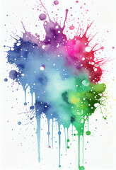 Multicolored watercolor stain and paint splatter, iridescent background, design element drawing with place for text, template. Generative AI