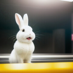 Obraz premium White rabbit at supermarket conveyor belt Generative AI