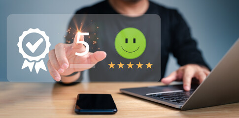 Man touch virtual screen, give five star symbol to increase rating of product, service mind concept. Customer service experience and business satisfaction survey. Business corporate survey of service.