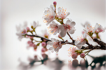 A branch of white and pink cherry sakura flowers lies on a white wooden table, home comfort on a light blurred background, spring concept. Copy space, place for text. Generative AI