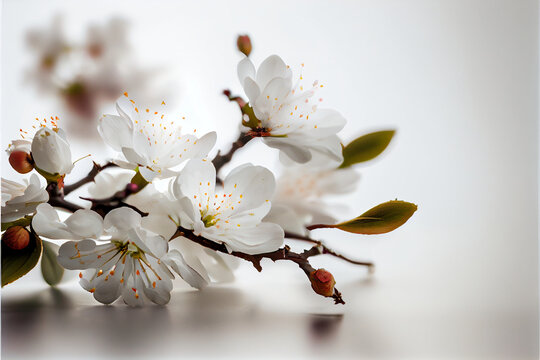 A branch of white and pink cherry sakura flowers lies on a white wooden table, home comfort on a light blurred background, spring concept. Copy space, place for text. Generative AI