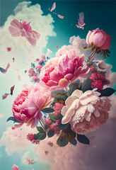 Bouquet of spring flowers peonies and roses against a blue sky with clouds in the air, pastel pink colors, wedding concept, mother's day, space for text, vintage gentle style. Generative AI