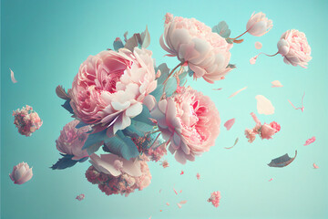 Bouquet of spring flowers peonies and roses against a blue sky with clouds in the air, pastel pink colors, wedding concept, mother's day, space for text, vintage gentle style. Generative AI - obrazy, fototapety, plakaty