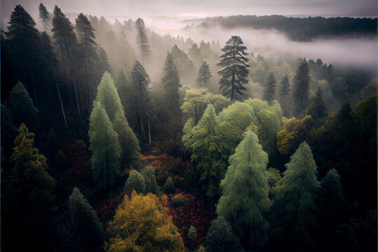 Carbon free concept foggy forest in the clouds. The forest protects the world from emissions of CO2 pollutants, a forest in the midst of carbon monoxide. Generative AI