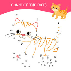 Educational game for kids. Dot to dot game for children. Cartoon illustration of cute kitten.