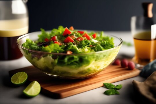 Une salade verte dans un saladier sur une planche en bois et un citron vert - generative IA