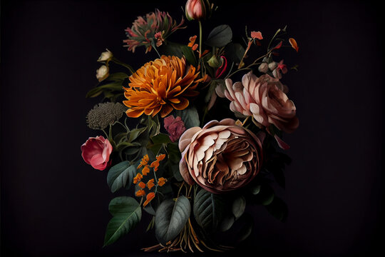 Bouquet of flowers peonies, roses, tulips, green leaves and fresh plants on a dark background, picturesque image, space for text, floral print, spring holiday flowers. Generative AI