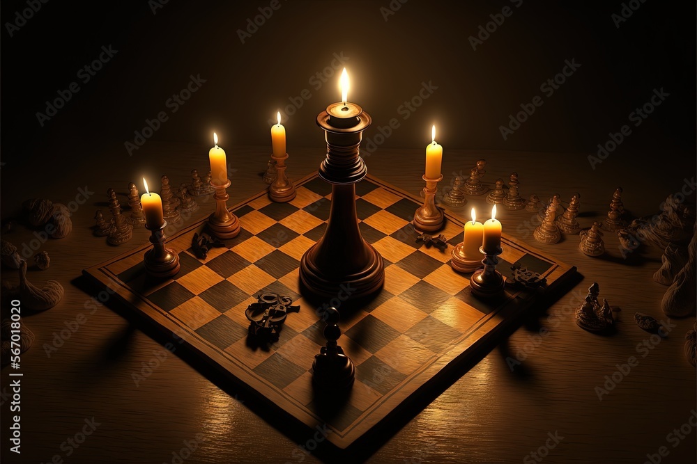 Poster a chess board with candles on it and a chess set on a chess board with chess pieces on the chess boa