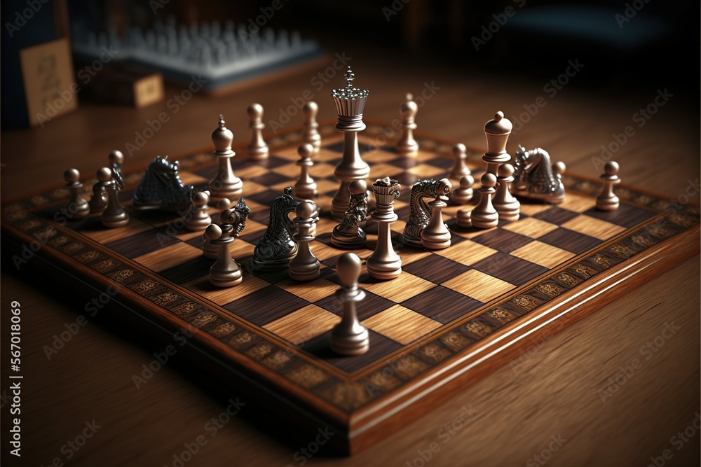 Poster a wooden chess board with a chess set on top of it and pieces of chess on the board on the floor in 