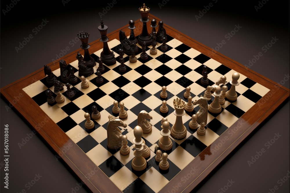 Poster a chess board with pieces on it and a black and white chess set on the board with pieces on the othe