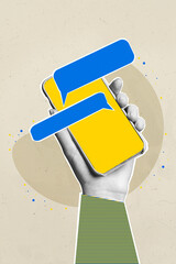 Vertical collage image of black white gamma arm hold telephone screen blue yellow ukrainian flag...