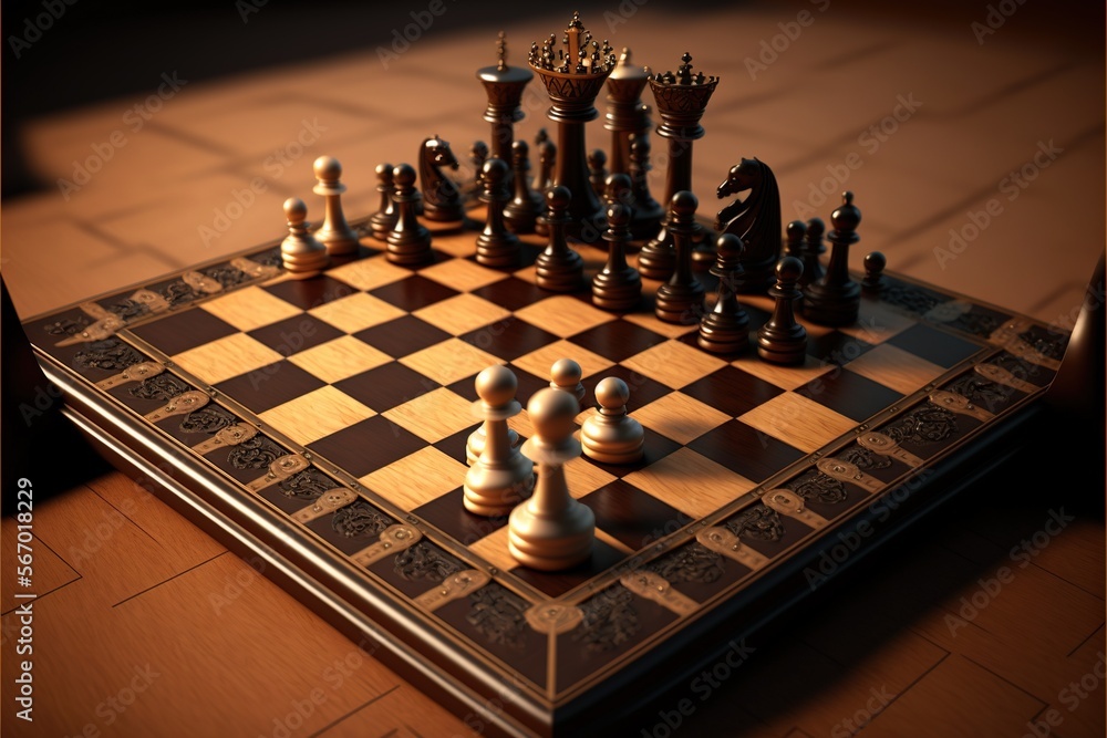 Poster a chess board with a set of chess pieces on top of it and a black and gold chess set on the bottom o