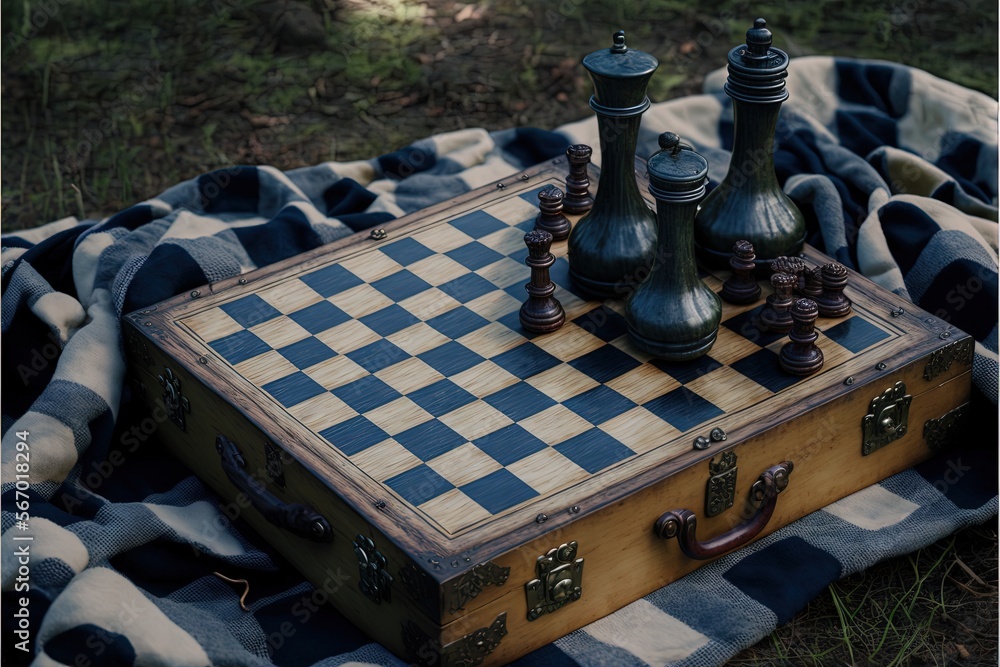 Poster a chess set on a blanket on the ground next to a pair of checkers and a pair of chess pieces on top 