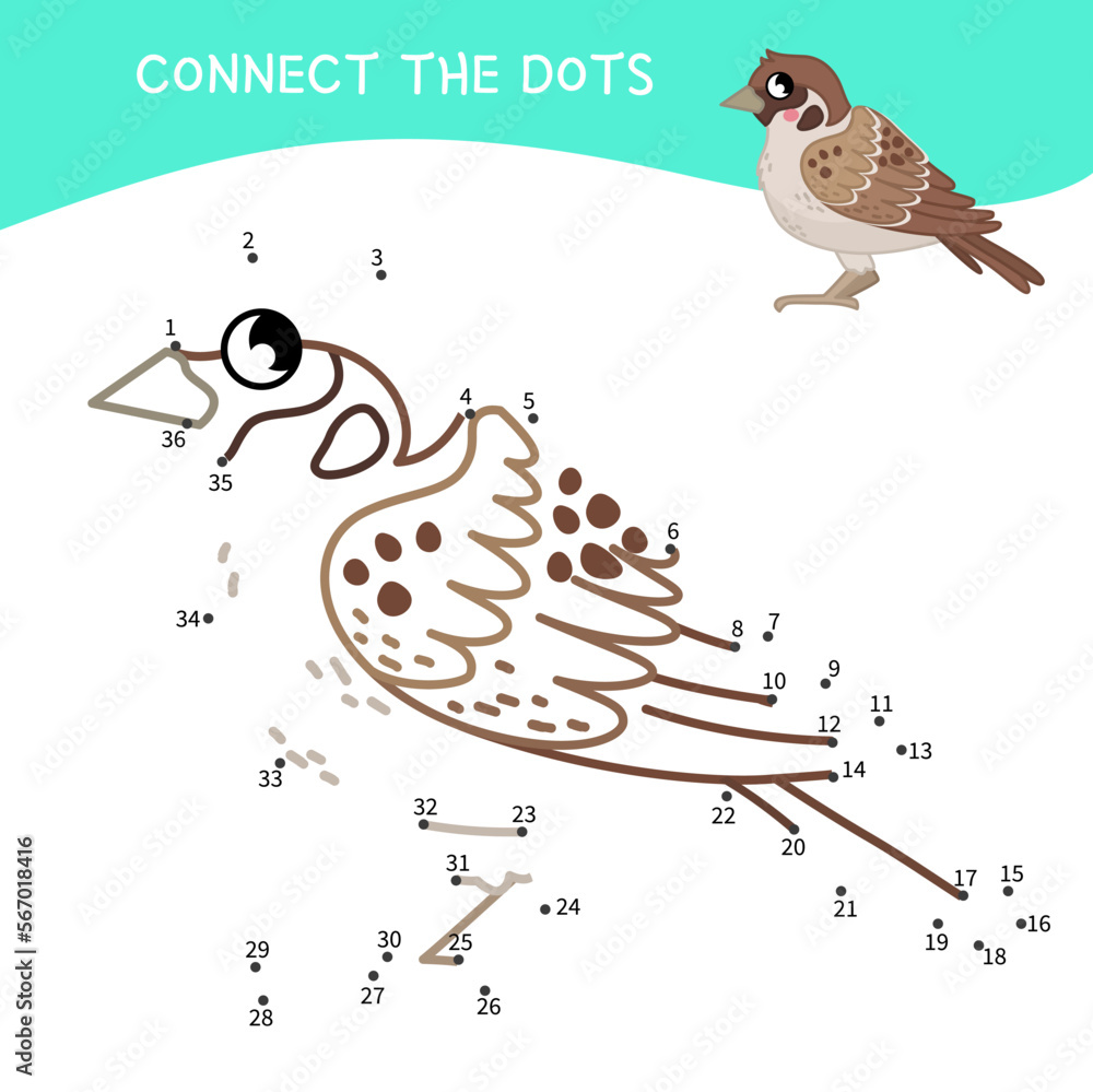 Sticker educational game for kids. dot to dot game for children. vector illustration of a cute sparrow