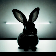 Interested black rabbit sits on table Generative AI