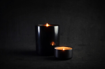 burning luxury aromatic scented candle black glass are on black table with black background of...
