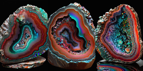 set of vertical background of natural volcanic agate stone texture, raw crystal. Fairburn agate colorful  mineral rock. Pure quartz marble formation art. Orange, blue and cyan gemstone. Generative art