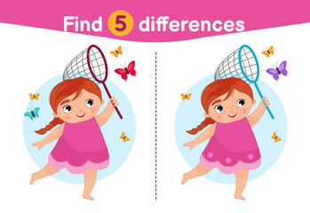 Find differences.  Educational game for children. Cartoon vector illustration of cute girl catches butterflies with a net.

