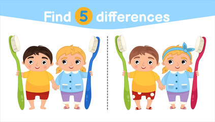 Find differences.  Educational game for children. Cartoon vector illustration of cute boy and girl are holding toothbrushes in their hands.
