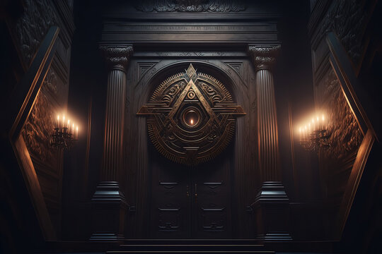 Sign Illuminati. Freemasonry. The masonic square. All seeing eye in sacred geometry triangle, masonry and illuminati symbol. Generative ai.