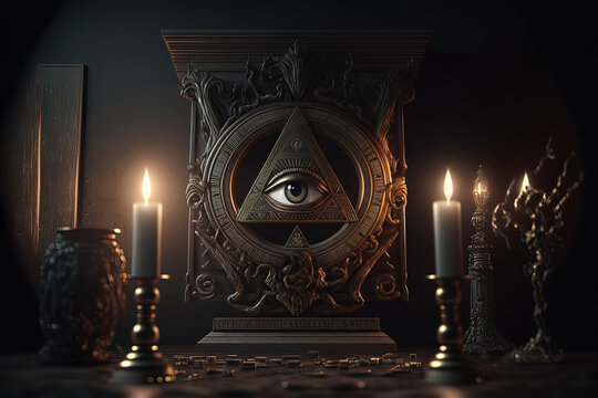Sign Illuminati. Freemasonry. The masonic square. All seeing eye in sacred geometry triangle, masonry and illuminati symbol. Generative ai.