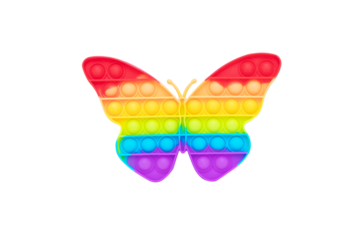 Rainbow Push Pop It Bubble Sensory Fidget Toy in form of Butterfly, Trendy antistress sensory toy. Anti Anxiety and Stress Relief Game, banner size. Isolated on cut out PNG.
