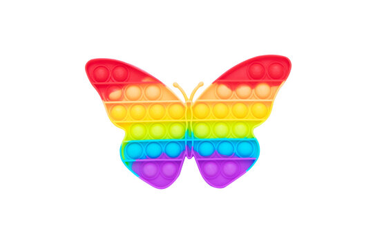 Rainbow Push Pop It Bubble Sensory Fidget Toy in form of Butterfly, Trendy antistress sensory toy. Anti Anxiety and Stress Relief Game, banner size. Isolated on cut out PNG.