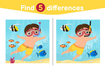 Find differences.  Educational game for children. Cartoon vector illustration of cute boy is diving.

