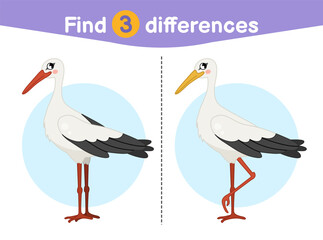 Find differences.  Educational game for children. Cartoon vector illustration of cute stork.