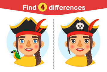 Find differences.  Educational game for children. Cartoon vector illustration of Pirate girl in a hat.
