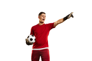 Professional soccer football goalkeeper in action, motion isolated over white studio background. Concept of sport, achievement, competition, goals.