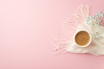Hello spring concept. Top view photo of mug of fresh coffee gypsophila flowers and white scarf on...