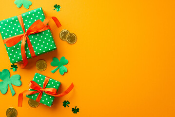 Saint Patrick's Day concept. Top view photo of green gift boxes with orange bows shamrocks trefoil shaped confetti and gold coins on isolated yellow background with copyspace