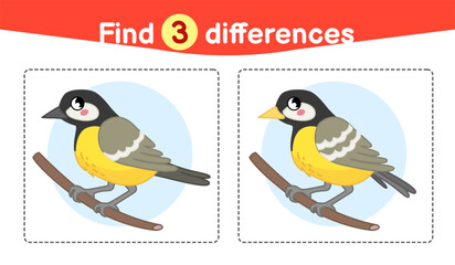 Find differences.  Educational game for children. Cartoon vector illustration of cute tit.
