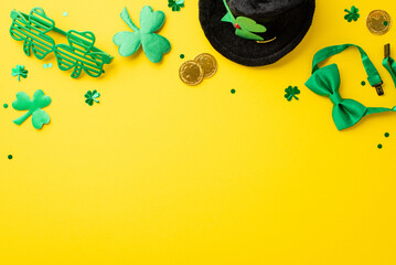 St Patrick's Day concept. Top view photo of leprechaun hat bow-tie gold coins shamrock shaped party...