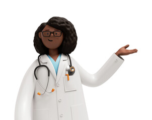 Fototapeta na wymiar 3d render. African woman doctor in glasses, hand gesture, healthcare professional. Black female cartoon character. Medical presentation