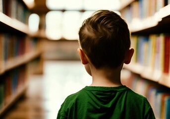 Child in a library, back silhuette, bokeh shot