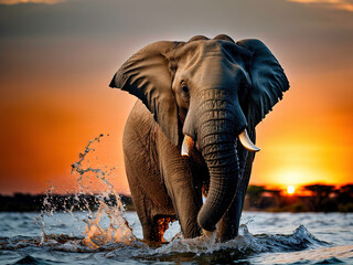 Photo of majestic elephant wakling in water in africa landscape