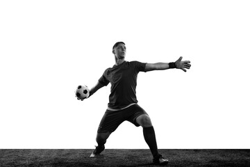Fototapeta na wymiar Black and white portrait of male soccer football goalkeeper psoing isolated over white background. Monochrome. Concept of sport, action, motion, goals.