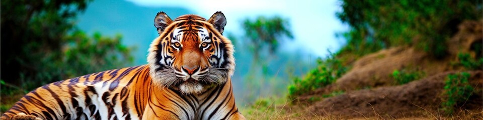 Obraz premium Photo of majestic tiger in african landscape, looking into the camera, ultrawide shot