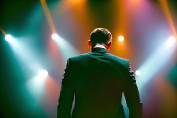Back of a man on a stage, silhuette, spotlight shining at him, bokeh shot