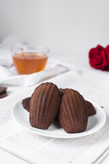 Chocolate madeleines on a ceramic plate, plain chocolate madeleine cake or cookies
