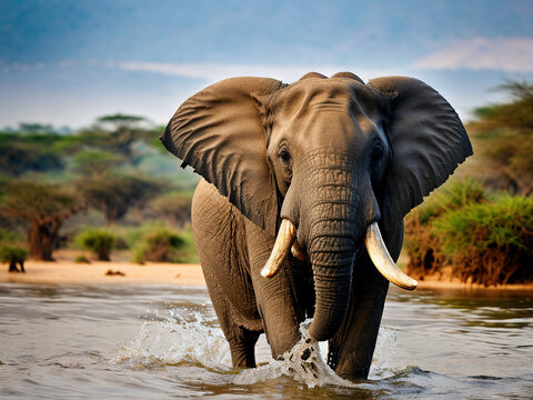 Photo of majestic elephant wakling in water in africa landscape