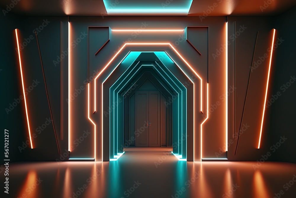 Poster neon lights provide a surreal backdrop for an otherwise blank area. futuristic-looking interior desi