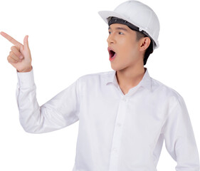 Portrait young asian man is engineer wearing helmet standing and excited, male is architect or contractor presenting or showing something with shocked, industrial concept.