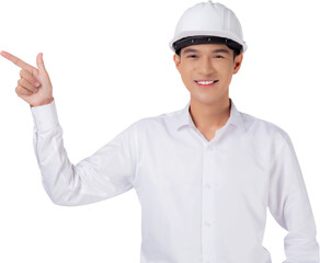 Portrait young asian man is engineer wearing helmet standing and smiling with confident, male is architect or contractor presenting or showing something, industrial concept.